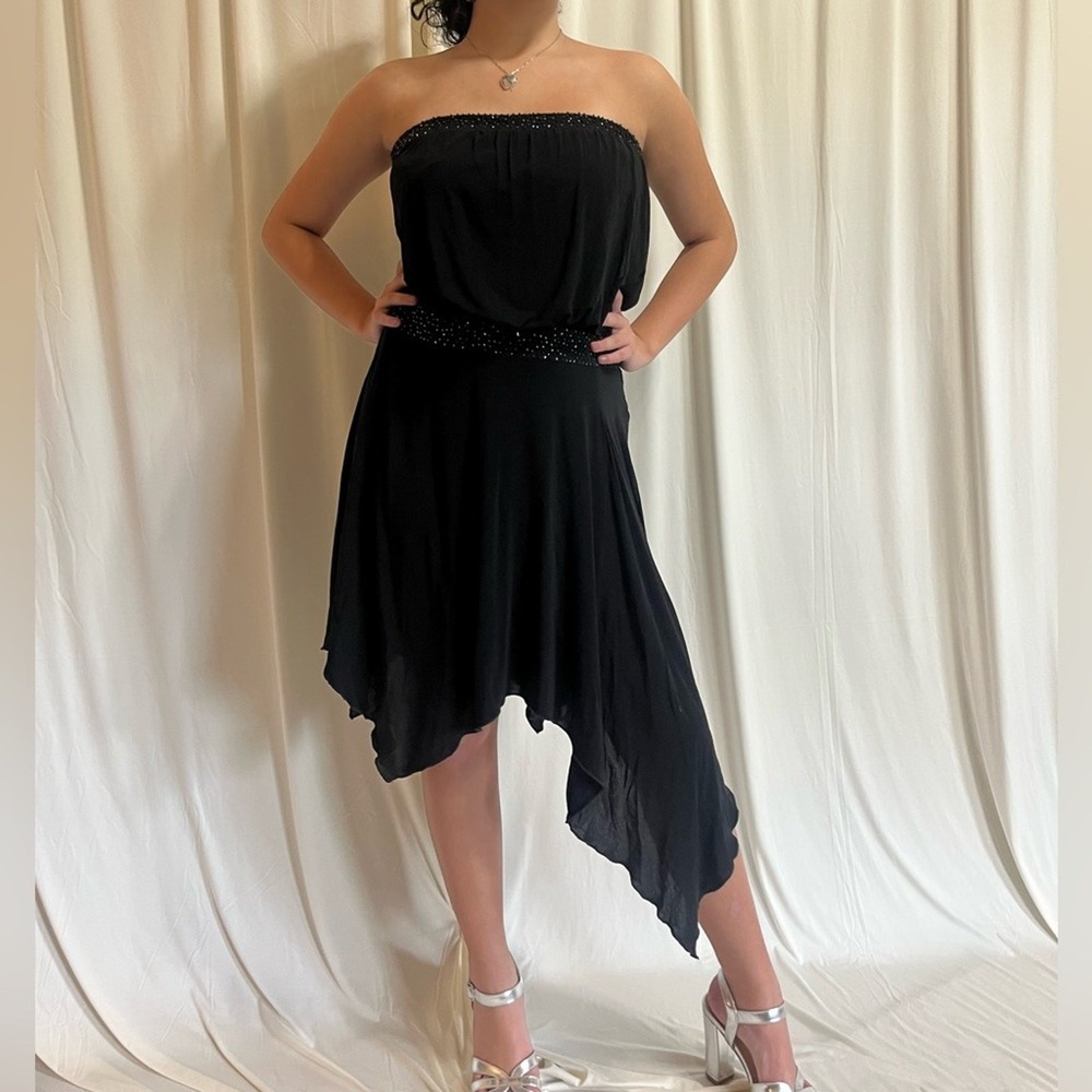 Laundry by Shelli Segal Black Beaded Strapless Handkerchief Hem Dress Sz 4 NWT